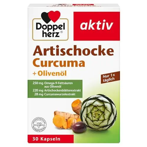 Produktbild: Doppelherz Artischocke + Olivenöl + Curcuma - Pflanzliches Nahrungsergänzungsmittel mit Artischocken- & Kurkuma-Extrakt sowie Omega 9-Fettsäuren - 30 Kapseln (1er Pack)