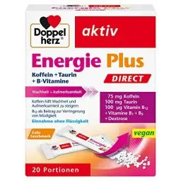 Produktbild: Doppelherz Energie Plus Koffein + Taurin + B-Vitamine DIRECT – Mit Vitamin B1, B5 (Pantothensäure) und B12 als Beitrag zum Energiestoffwechsel – 20 Portionsbeutel