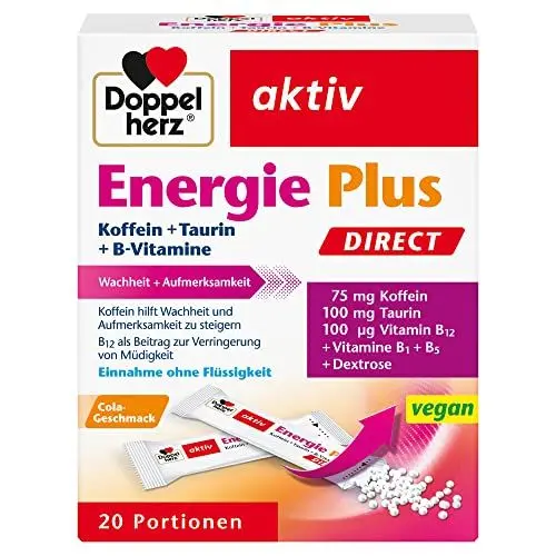 Produktbild: Doppelherz Energie Plus Koffein + Taurin + B-Vitamine DIRECT – Mit Vitamin B1, B5 (Pantothensäure) und B12 als Beitrag zum Energiestoffwechsel – 20 Portionsbeutel
