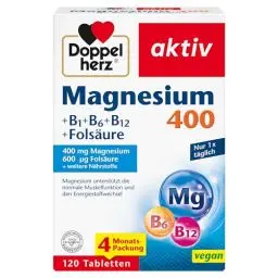Produktbild: Doppelherz Magnesium 400 + B1 + B6 + B12 + Folsäure - Magnesium unterstützt die normale Muskelfunktion und den Energiestoffwechsel - 120 vegane Tabletten