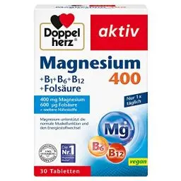 Produktbild: Doppelherz Magnesium 400 + B1 + B6 + B12 + Folsäure - Magnesium unterstützt die normale Muskelfunktion und den Energiestoffwechsel - 30 vegane Tabletten