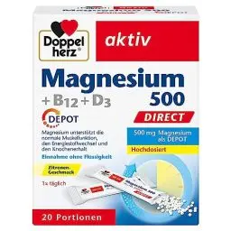 Produktbild: Doppelherz Magnesium 500 + B12 + D3 DIRECT mit DEPOT-Funktion - Magnesium als Beitrag für die normale Funktion der Muskeln und des Nervensystems - 20 Portionen Micro-Pellets