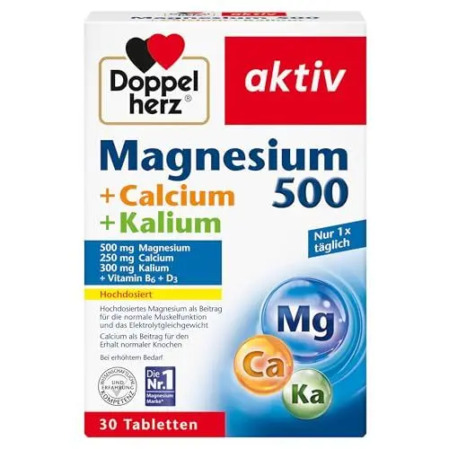 Produktbild: Doppelherz Magnesium 500 + Calcium + Kalium - Hochdosiertes Magnesium als Beitrag für die normale Muskelfunktion und das Elektrolytgleichgewicht - 30 Tabletten