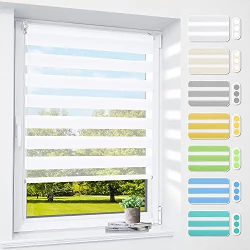 Produktbild: Doppelrollo klemmfix ohne Bohren & mit Bohren, 50x80cm (Stoffbreite 46cm) Weiß, 3-in-1 Duo Rollo für Fenster & Tür, Fensterrollo innen lichtdurchlässig & verdunkelnd, Klemmrollo Rollos Sonnenschutz