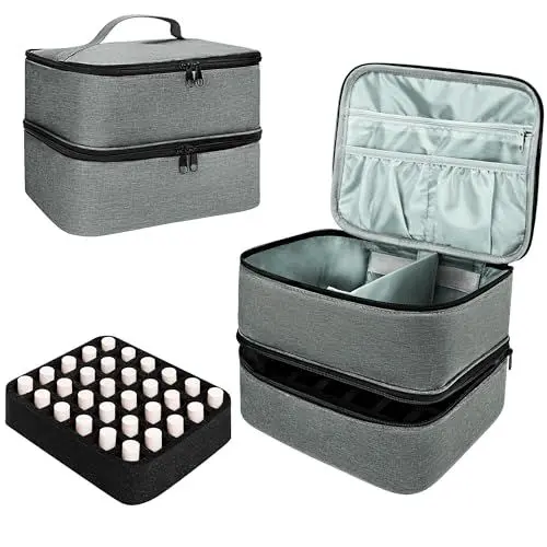 Produktbild: Doppelschichtige Nagellack Organizer, Nagellack Aufbewahrung Tasche, Tragbare Tragetasche für Nageldesign Kosmetiktasche Zubehör für 30 Flaschen(15ml-0.5 FL.oz) und 1 Nagellampe (Grey)