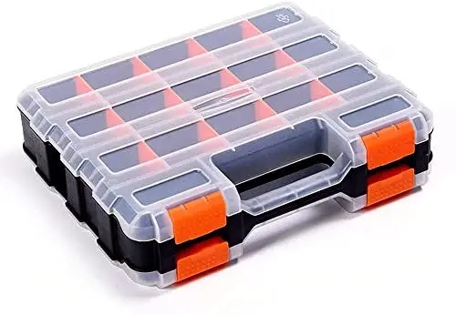 Produktbild: Doppelseitige Werkzeug-Aufbewahrungsbox mit abnehmbarer Kunststoff-Trennwand, Hardware-Box-Aufbewahrung, 34 Fächer, hervorragend für Schrauben, Muttern, Kleinteile, Schwarz/Orange