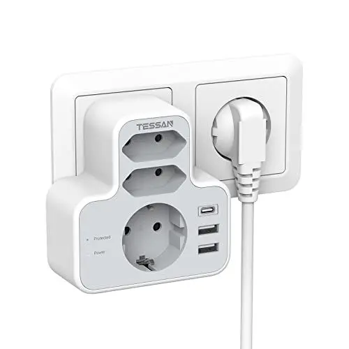 Produktbild: Doppelstecker für Steckdose, Mehrfachstecker für Steckdose, TESSAN Steckdosenadapter USB C, Dreifachstecker für Steckdose, Steckdosenverteiler und USB C Adapter Kompatibel für Phone, Grau