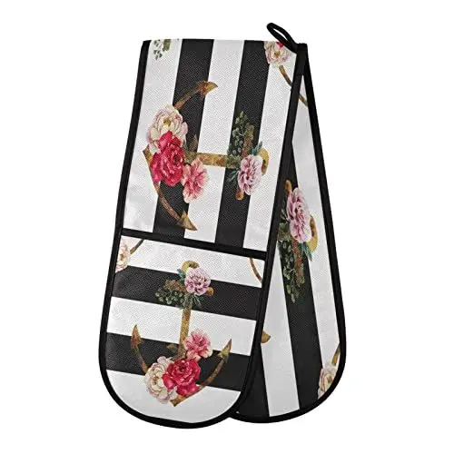 Produktbild: Doppelter Ofenhandschuh Floraler nautischer Anchor hitzebeständiger Topfhandschuh Grillen Handschuhe Backhandschuhe Kochhandschuhe