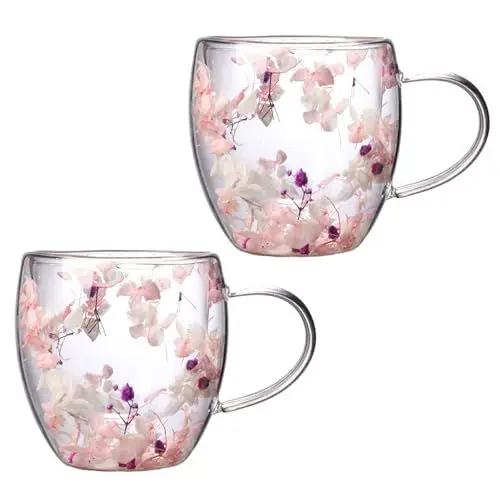 Produktbild: Doppelwandige Tassen aus Klarem Glas, Kreative Hitzebeständige Kaffeetassen mit Henkel, Blumen, Doppelt Isolierte Glastasse für Heiße, Kalte Getränke, Cappuccino, Latte, Espresso,(rosa weiß)