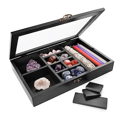 Produktbild: Dormitology Verstellbare Stein Ausstellungsbox, Stein Sammelbox, Kristall Organizer aus Kiefernholz zur Aufbewahrung von Steinen (Schwarz)