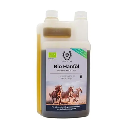 Produktbild: DOROGENA Bio Hanföl für Hunde und Pferde - kaltgepresstes Bio Hanfsamenöl - Barföl für Hunde, 1000 ml, 100% Natürlich, Unterstützung für Fell & Haut durch Omega 3-6-9, Hanföl gegen Schmerzen