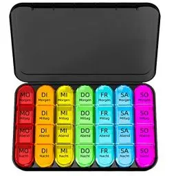 Produktbild: Doruimi Tablettenbox 7 Tage Morgens Mittags Abends, Klein Pillendose Große Fächer, Medikamentenbox 7 Tage 4 fächer mit Einfachem Offenem Design für Unterwegs - Schwarz