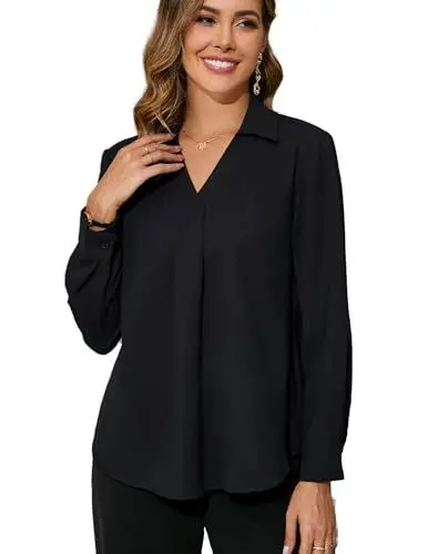 Produktbild: Dosieyeo Bluse Damen Elegant Langarmshirt V Ausschnitt Schlupfbluse Fließend Tunika Casual Business Hemdbluse schwarz,L