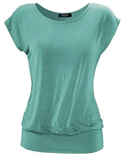 Produktbild: DOTIN Damen T-Shirt Rundhals Kurzarmshirt Allover Durck Stretch Tunika Casual Oberteil Bluse Tops, Grün, S
