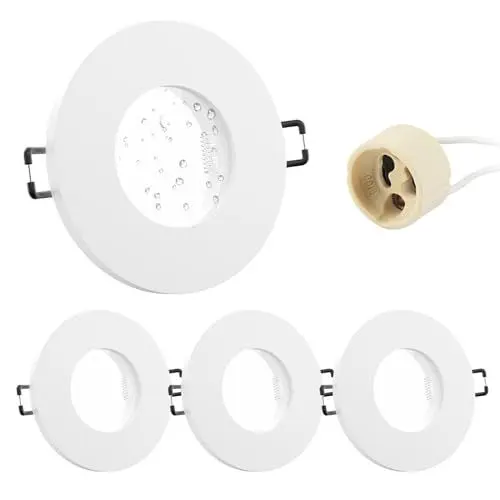 Produktbild: Doughelec 4er Einbaustrahler GU10 Rahmen IP65 Aluminium Weiß, Badezimmer Einbaurahmen Spot Einbauspots Rund Flach 68mm Lochdurchmesser inkl GU10 Fassung für LED Wasserdicht Einbauleuchten, 230V Matt