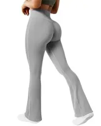 Produktbild: DOULAFASS Damen Yogahose Gerippte Schlaghose Yoga Pants Flared Leggings High Waisted Hose Schlag Leggings Laufhose Hellgrau S