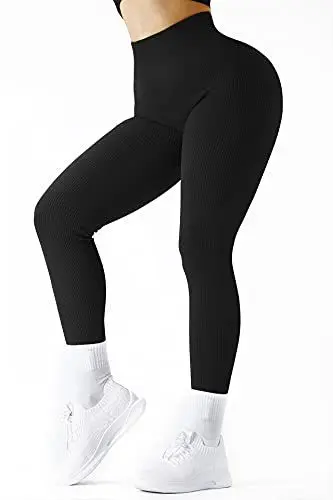 Produktbild: DOULAFASS Gerippte Sport Leggings Damen High Waist Gym Leggings Blickdicht Kompressions Leggings Nahtlose Workout Yoga Leggings Schwarz L