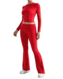 Produktbild: DOULAFASS Lounge Set Damen Langarm Crop Top und Umklappbare Yoga-Schlaghose Zweiteiler Freizeitanzug Fitness Outfit