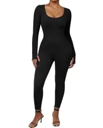 Produktbild: DOULAFASS Nahtloser Gerippter Langarm Jumpsuit Damen Eng Square Neck Bauch Weg Full Body Einteiler Yoga Sport Body Romper Schwarz M