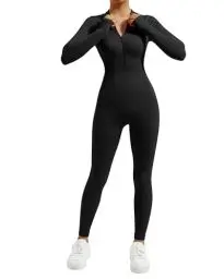 Produktbild: DOULAFASS Reißverschluss Full Body Jumpsuit Damen Langarm Yoga Einteiler Sport Romper Gerippte All In One Bodycon Jumpsuit