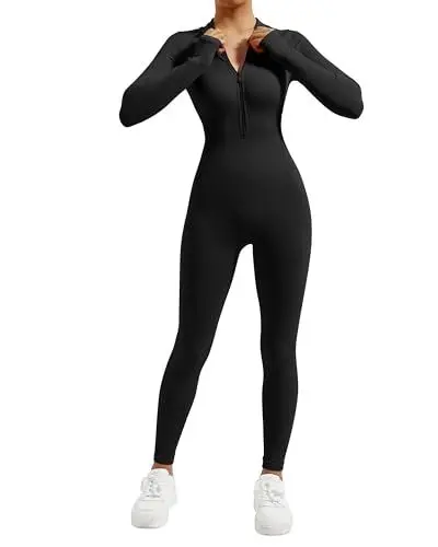 Produktbild: DOULAFASS Reißverschluss Full Body Jumpsuit Damen Langarm Yoga Einteiler Sport Romper Gerippte All In One Bodycon Jumpsuit