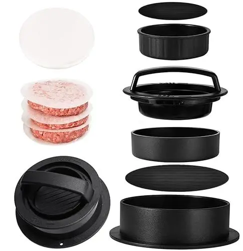 Produktbild: DOULEIN Burgerpresse,3 in 1 Burgerpresse Patty Maker Hamburgerpresse Set mit 100 Blatt Backpapier,für gefüllte Burger, Mini Burger und Grill Pattie