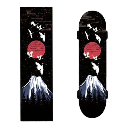 Produktbild: douyif Skateboard Griptape Aufkleber Weißer Kranich Berge Longboard Griptape Scooter Grip Tape Skateboard Sandpapier Selbstklebender Blasenfreies Wasserdichtes Antirutsch Verschleißfest 24x85cm