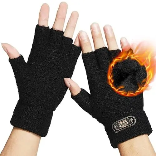 Produktbild: DOVAVA Fingerlose Handschuhe Herren, Halbfinger Touchscreen Strickhandschuhe Schwarz Dunkelgrau und Khaki Mit Weichem Innenfutter (Schwarz Halb)
