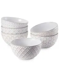 Produktbild: DOWAN 300-ml-Schüssel-Set Dessertschalen 6er Pack, Kleine Steinzeugschale mit Relief, Φ11.5cm Müslischale, Servierschalen Keramik für Eiscreme, Snacks, Reis, Früchte | Vintage Weiß