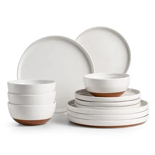 Produktbild: DOWAN Geschirrset 12 Teilig, Teller Set 4 Personen, Porzellan Geschirr Set, Weiß & Braun Tafelservice, Speiseteller Keramik, Tellerset Rustikal, Kombiservice Für Müsli, Pasta, Dessert