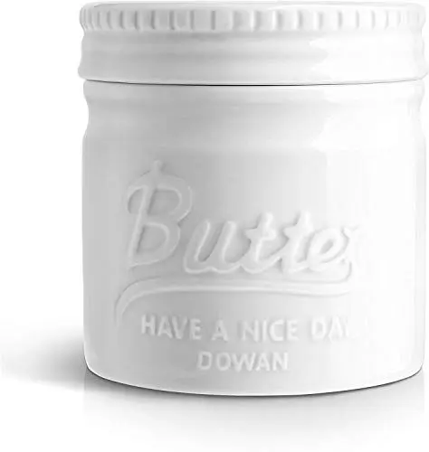 Produktbild: DOWAN Porzellan Butter Keeper Crock, Französische Butterdose mit Deckel, Porzellan-Buttertopf im Einmachglas-Stil, Geprägter Butterbehälter für Frisch Aromatisierte Butter, Weiß