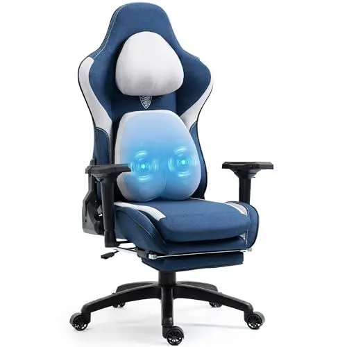 Produktbild: Dowinx Gaming Stuhl, Atmungsaktiver Bürostuhl aus Hochwertigem Stoff, 4D Armlehnen Ergonomischer PC-Stuhl, Verstellbarer und Drehbarer Gaming Stuhl mit Fußstütze, Blau