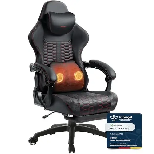 Produktbild: Dowinx Gaming Stuhl Big and Tall mit Massage Lendenstütze, Gamer Stuhl mit Fußstütze, Ergonomischer Computerstuhl, PU Leder, 180 kg, Schwarz