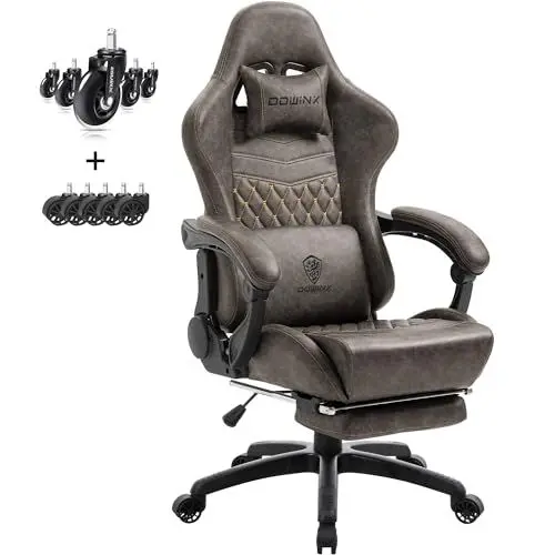 Produktbild: Dowinx Gaming Stuhl Bürostuhl Ergonomischer PC-Stuhl mit Massage Lendenwirbelstütze, Racing Stil PU Leder Hohe Rückenlehne Verstellbarer Drehsessel mit Fußstütze (Braun)