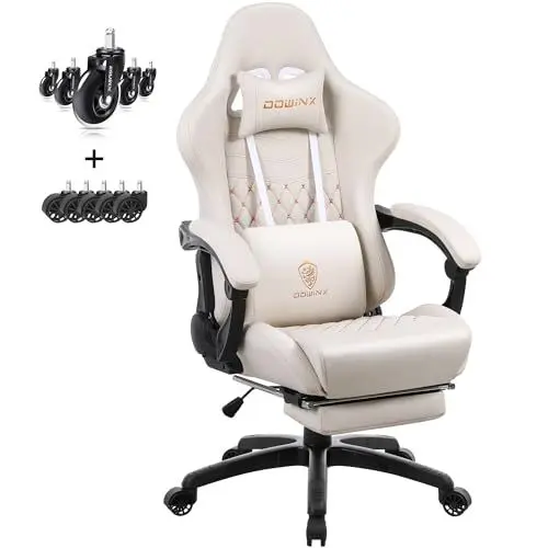 Produktbild: Dowinx Gaming Stuhl Bürostuhl Ergonomischer PC-Stuhl mit Massage Lendenwirbelstütze, Racing Stil PU Leder Hohe Rückenlehne Verstellbarer Drehsessel mit Fußstütze (Elfenbein weiß)