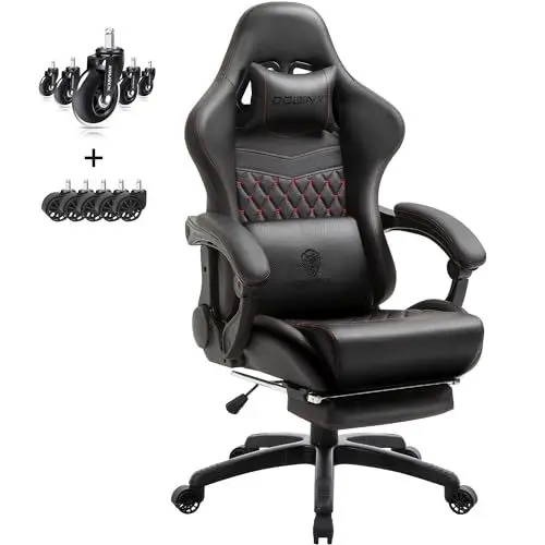 Produktbild: Dowinx Gaming Stuhl Bürostuhl Ergonomischer PC-Stuhl mit Massage Lendenwirbelstütze, Racing Stil PU Leder Hohe Rückenlehne Verstellbarer Drehsessel mit Fußstütze (Schwarz & Rot)