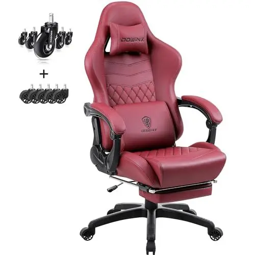 Produktbild: Dowinx Gaming Stuhl Bürostuhl Ergonomischer PC-Stuhl mit Massage Lendenwirbelstütze, Racing Stil PU Leder Hohe Rückenlehne Verstellbarer Drehsessel mit Fußstütze (Weihnachtsrot)