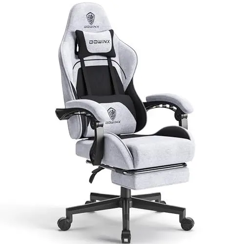Produktbild: Dowinx Gaming Stuhl Bürostuhl Stoff Tasche Frühling Kissen, Massage Gamer Stuhl Stoff mit Kopfstütze, Ergonomische Bürostuhl mit Fußstütze (Schwarz Grau)