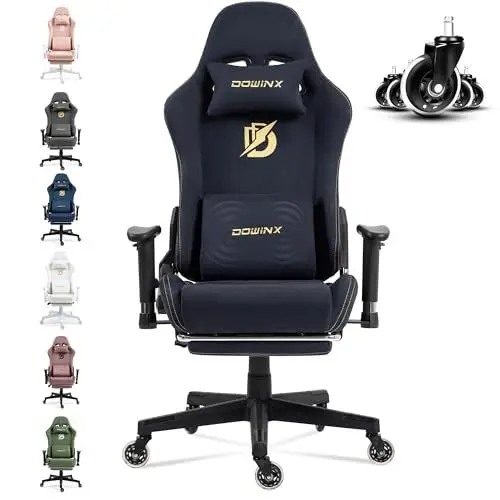Produktbild: Dowinx Gaming Stuhl, Bürostuhl mit Seidig Glatte Große Räder, Massage Gaming Chair mit Luxuriöser Wildleder-Stoff, 90-165°, 150 KG, Blau-Schwarz