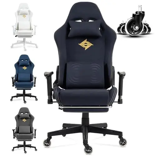Produktbild: Dowinx Gaming Stuhl, Bürostuhl mit Seidig Glatte Große Räder, Massage Gaming Chair mit Luxuriöser Wildleder-Stoff, 90-165°, Schreibtischstuhl, 150 KG, Blau-Schwarz