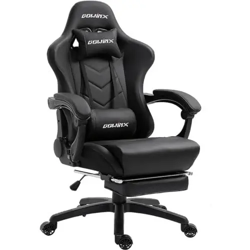 Produktbild: Dowinx Gaming Stuhl Ergonomischer Gamer Stuhl mit Lendenwirbelstütze, PC Bürostuhl Rückenlehne Verstellbarer Drehsessel mit Fußstütze (Schwarz)