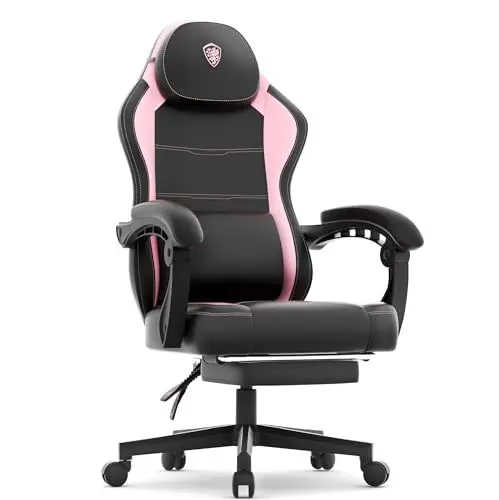 Produktbild: Dowinx Gaming Stuhl Racing Gamer Stuhl mit Frühling Kissen, Ergonomischer Gaming Sessel mit Massage Lendenwirbelstütze, Bürostuhl PU Leder PC-Stuhl Verbreiterte Rückenlehne 150KG, rosa