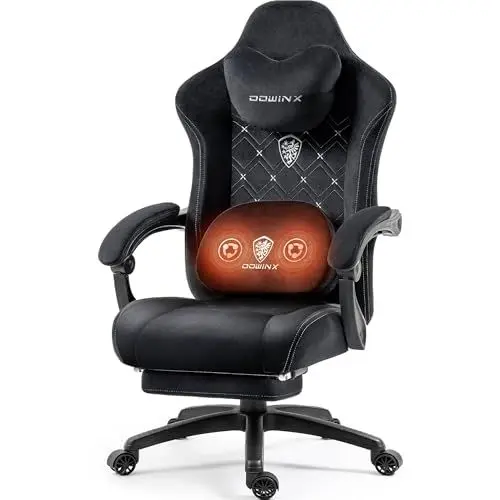 Produktbild: Dowinx Gaming Stuhl mit beheizter Massage Lendenwirbelstütze, Gaming Stuhl mit Taschenfederkissen und Fußstütze, Gamer Stuhl High Back PC Stuhl für Erwachsene, Dark