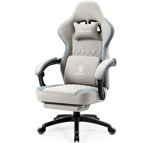 Produktbild: Dowinx Gaming Stuhl Stoff mit Gel-Pad, Massage Gaming Sessel mit Fußstütze, Ergonomischer PC Stuhl Gamer Stuhl mit Aufbewahrungstasche, Bürostuhl 150 kg Belastbarkeit, Grau