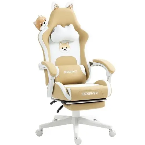 Produktbild: Dowinx Gaming Stuhl - Süße Hund Edition - Ergonomischer Computerstuhl mit Hoher Rückenlehne und Lendenwirbelstütze, PU-Leder, Fußstütze, Hund