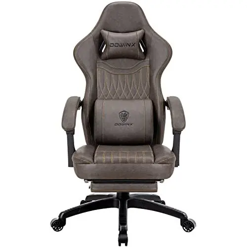 Produktbild: Dowinx Gaming Stuhl mit Frühling Kissen,Racing Gamer Stuhl mit Massage Lendenwirbelstütze, Ergonomischer Gaming Sessel mit Fußstütze Bürostuhl PU Leder Braun