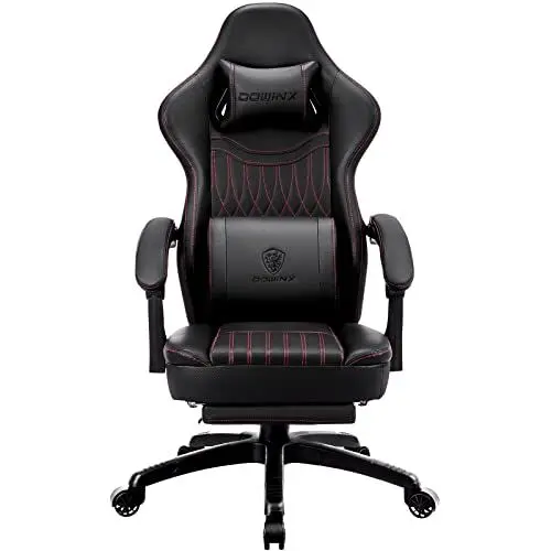 Produktbild: Dowinx Gaming Stuhl mit Frühling Kissen,Racing Gamer Stuhl mit Massage Lendenwirbelstütze, Ergonomischer Gaming Sessel mit Fußstütze Bürostuhl PU Leder Schwarz