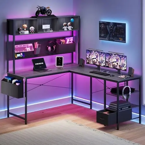 Produktbild: Dowinx LED Gaming Tisch, L-förmiger Schreibtisch mit Stecktafel und Stauraum, Umkehrbarer Computertisch mit Steckdosen und USB, Büro-Eckschreibtisch für Heimspiel Grau, 120x148cm