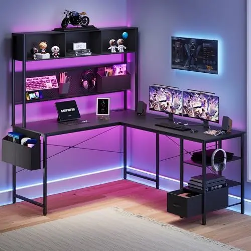 Produktbild: Dowinx LED Gaming Tisch, L-förmiger Schreibtisch mit Stecktafel und Stauraum, Umkehrbarer Computertisch mit Steckdosen und USB, Büro-Eckschreibtisch für Heimspiel Schwarz, 148x120cm