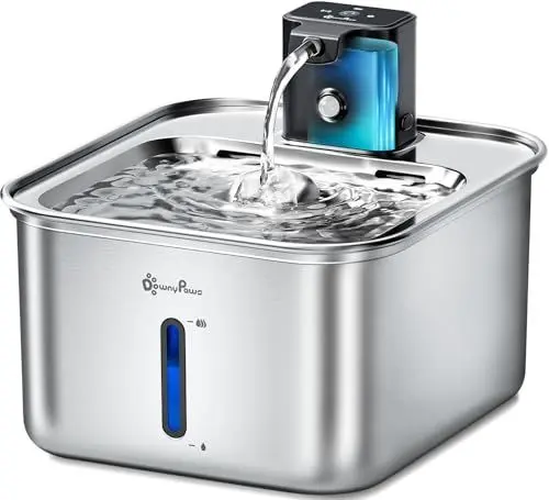 Produktbild: DownyPaws Katzenbrunnen Edelstahl Kabellos, Trinkbrunnen für Katze Edelstahl mit Bewegungsmelder und batteriebetrieben, 3L Katzen Trinkbrunnen für Katzen und Hunde, extrem leise, leicht zu reinigen